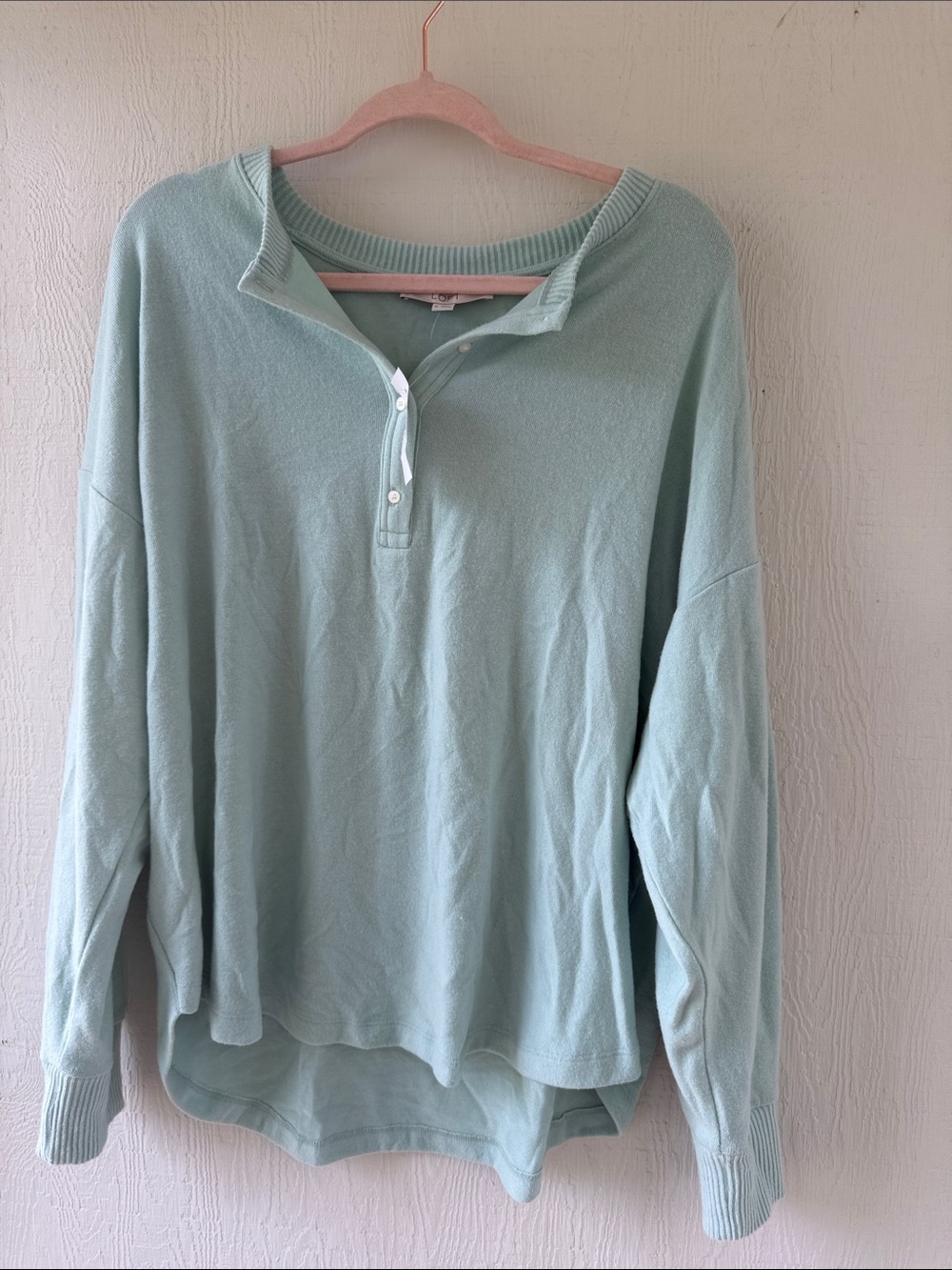 LOFT Light Mint Henley Sweatshirt Pullover